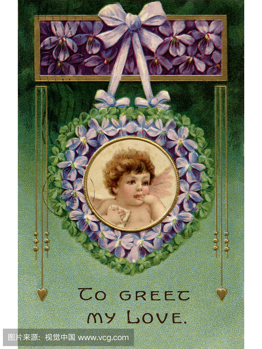 一个复古的情人节明信片与小天使在紫罗兰花环