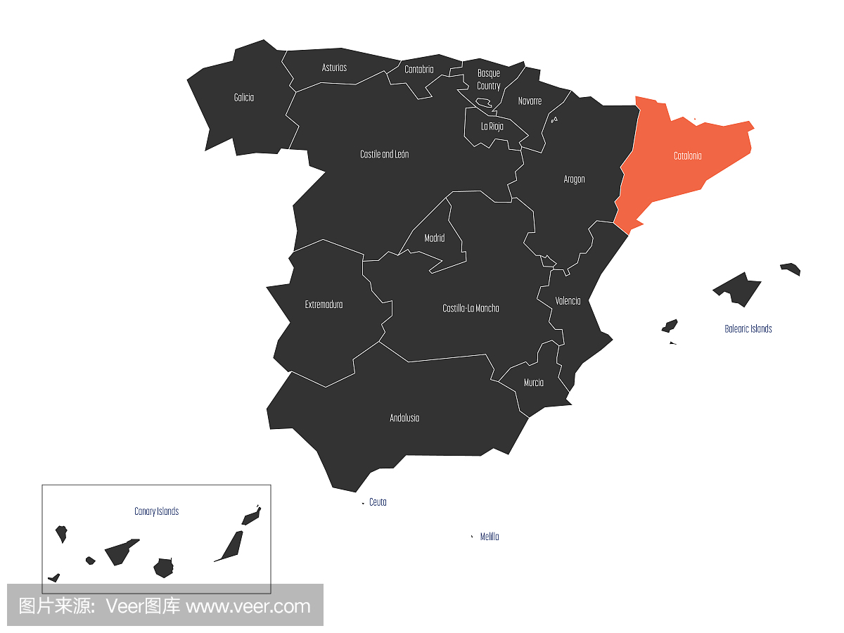 加泰罗尼亚地区在西班牙的矢量地图