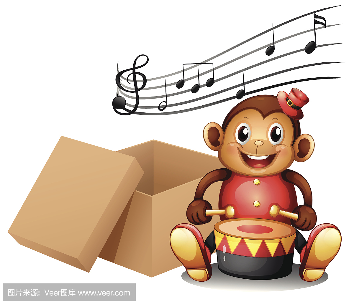 猴子玩音符和一个空盒子