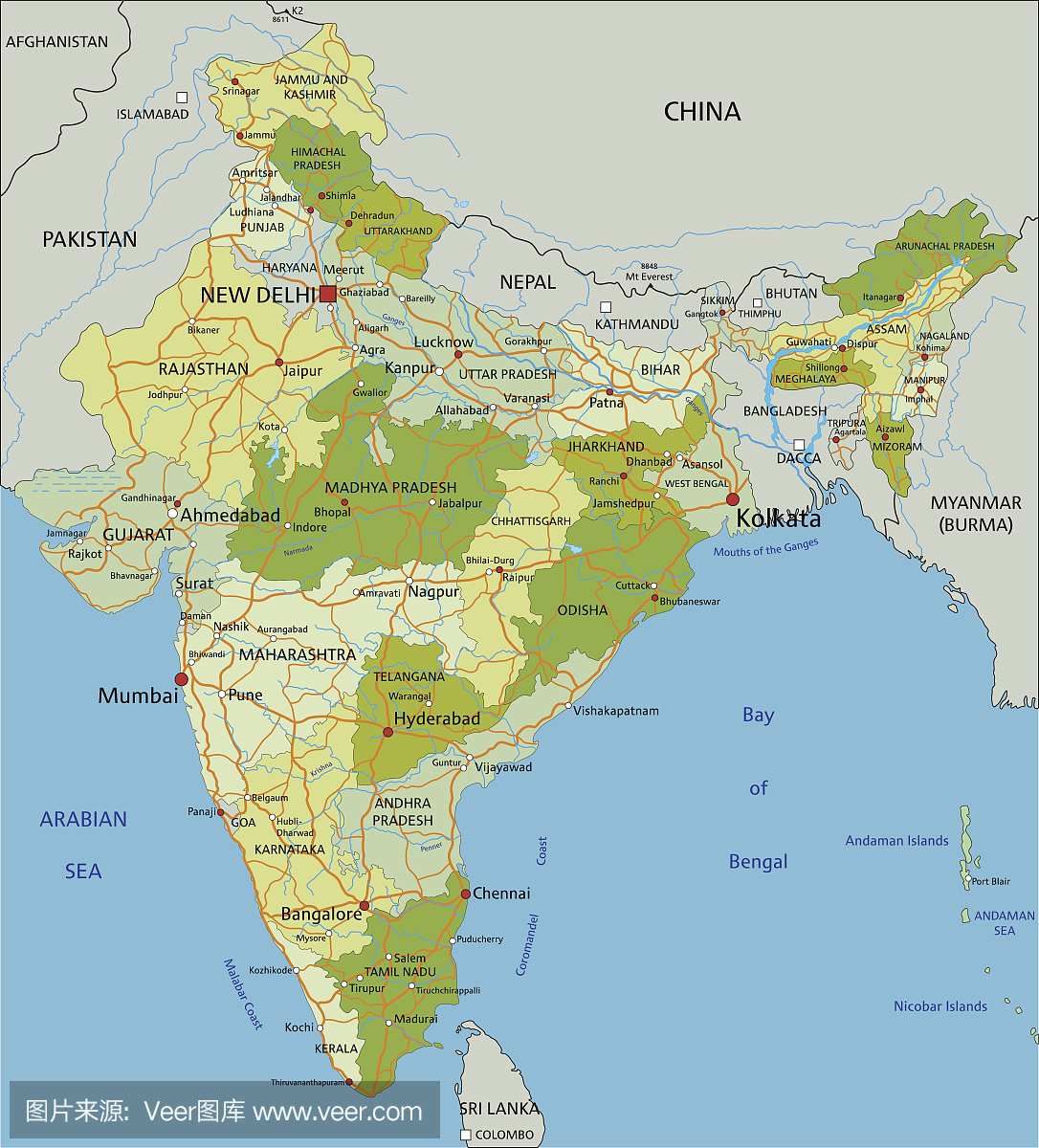 高度详细的可分层政治地图。印度。