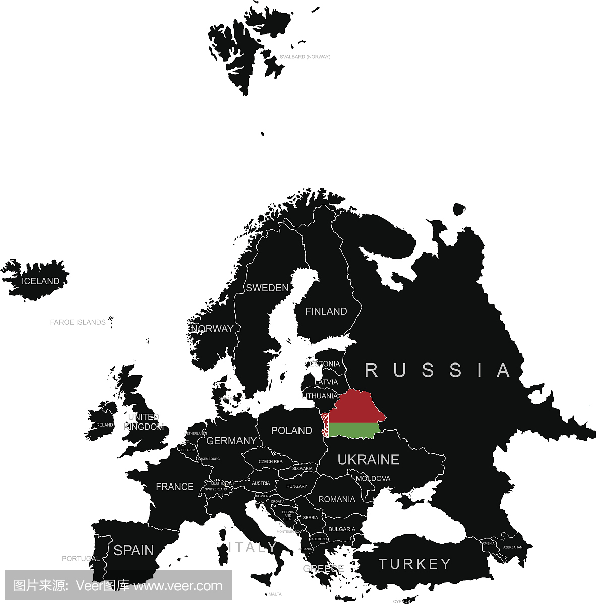 白俄罗斯领土在欧洲地图在白色背景