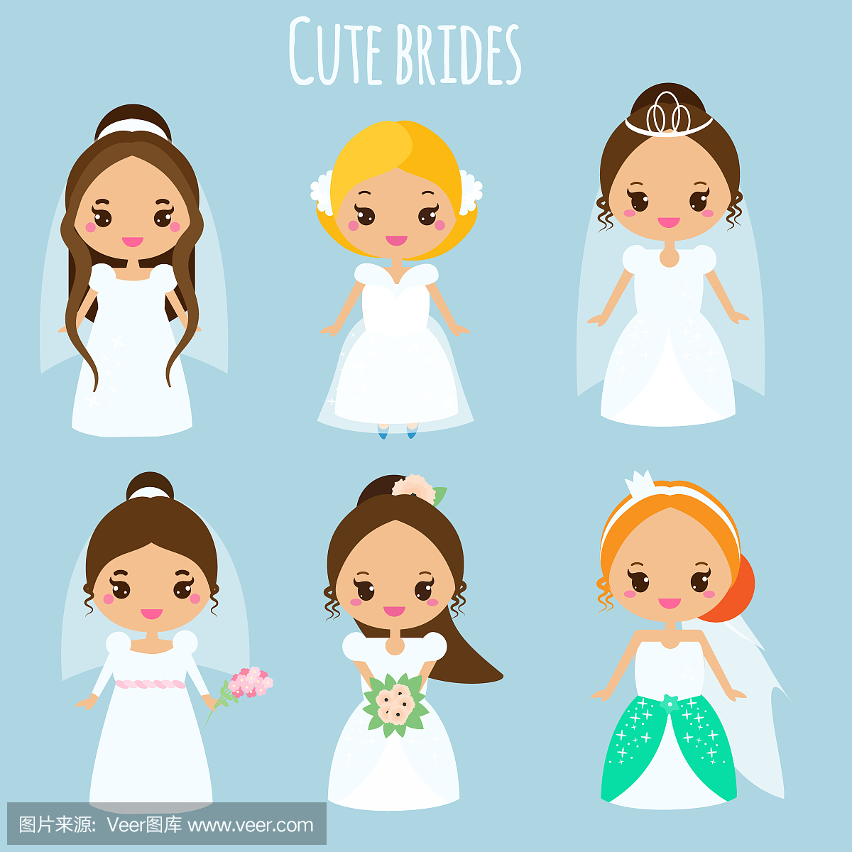 可爱的卡通新娘。公主在婚纱礼服。卡哇伊未婚