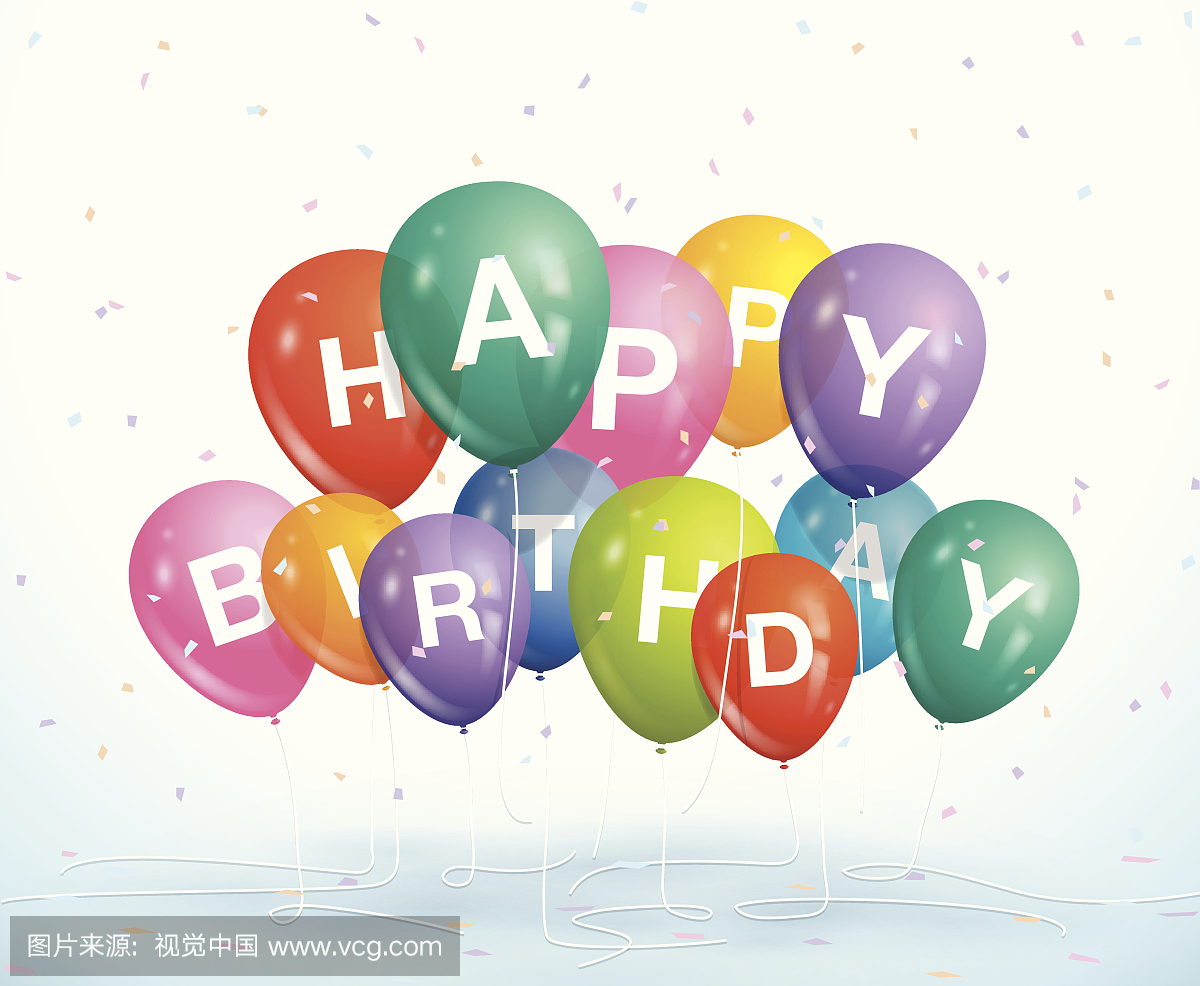 生日快乐气球和五彩纸屑在白色背景上