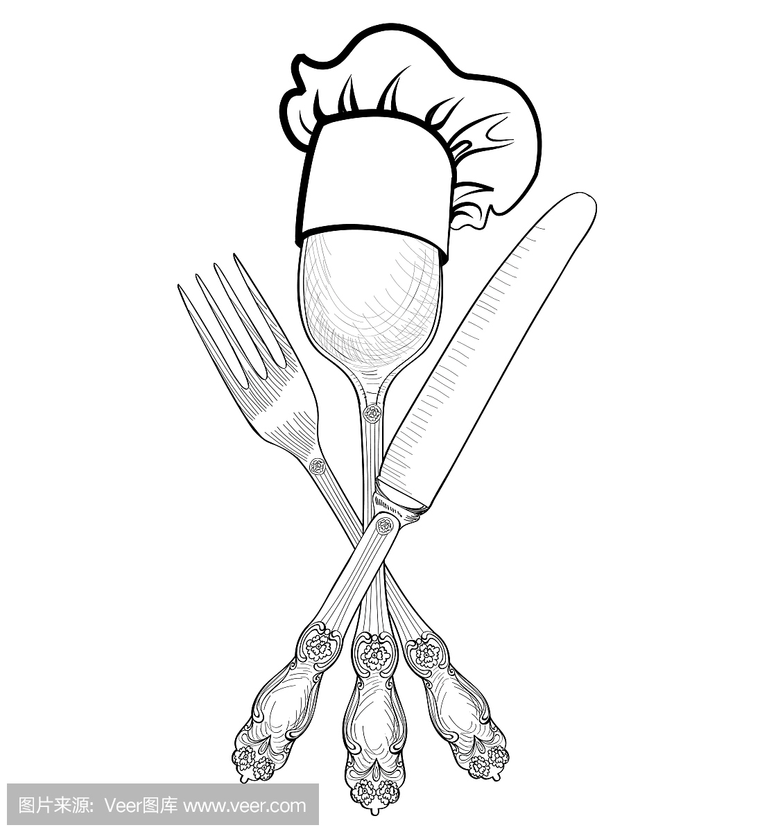 把帽子放在勺子,叉子,刀子上。餐厅符号厨师厨