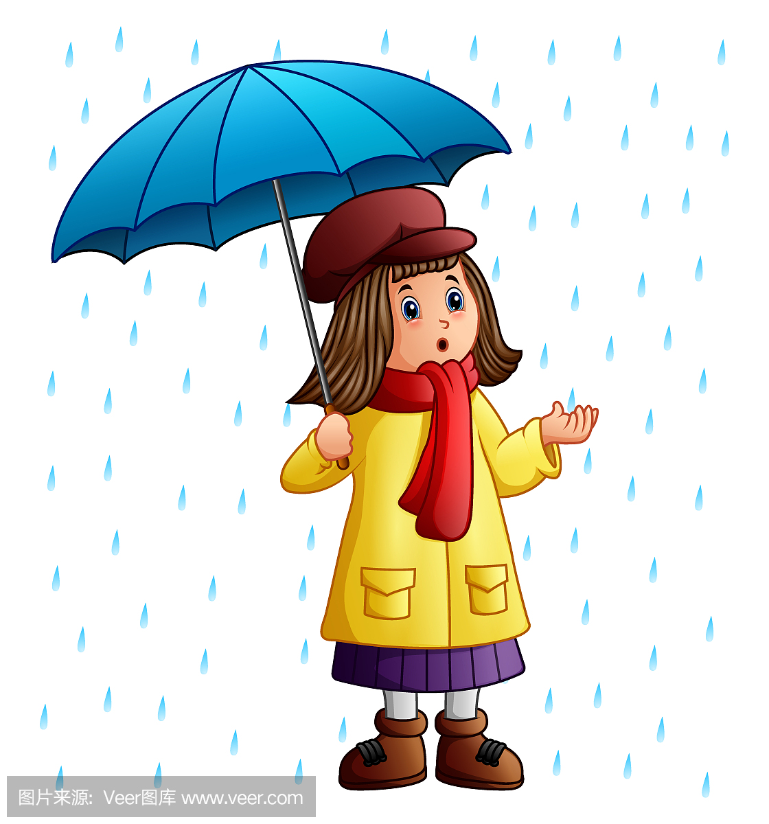 雨伞站在雨滴下的卡通女孩