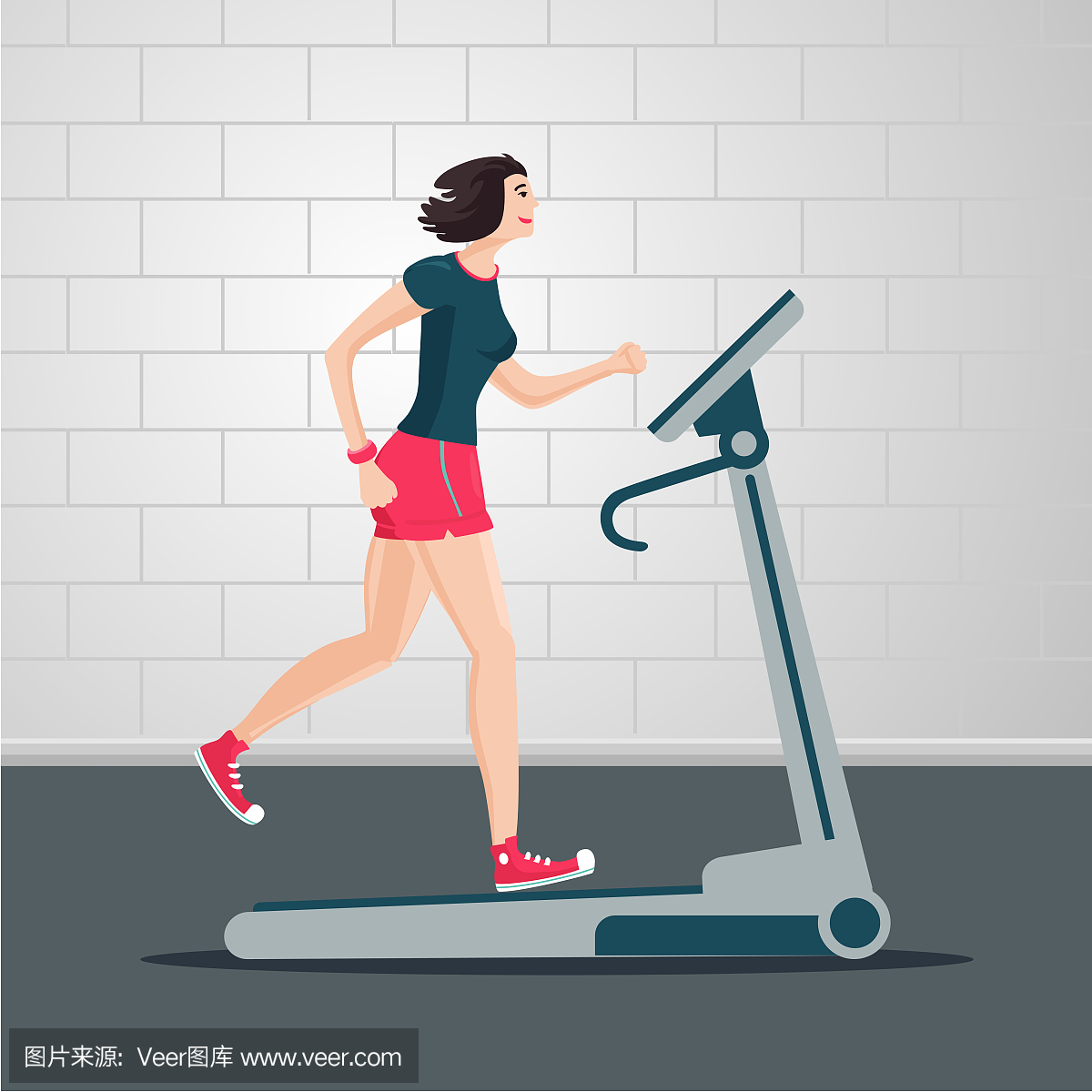 年轻女子在跑步机上跑步。室内运动卡通平面插