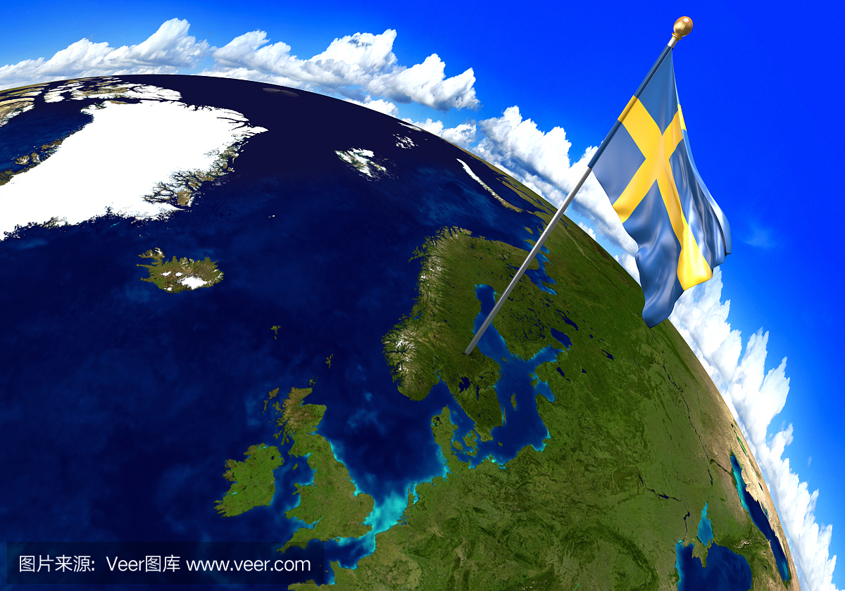 瑞典国旗标志着世界地图上的国家位置