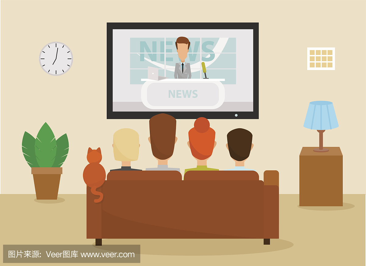 家庭与猫看电视每日新闻节目在客厅坐在家中的