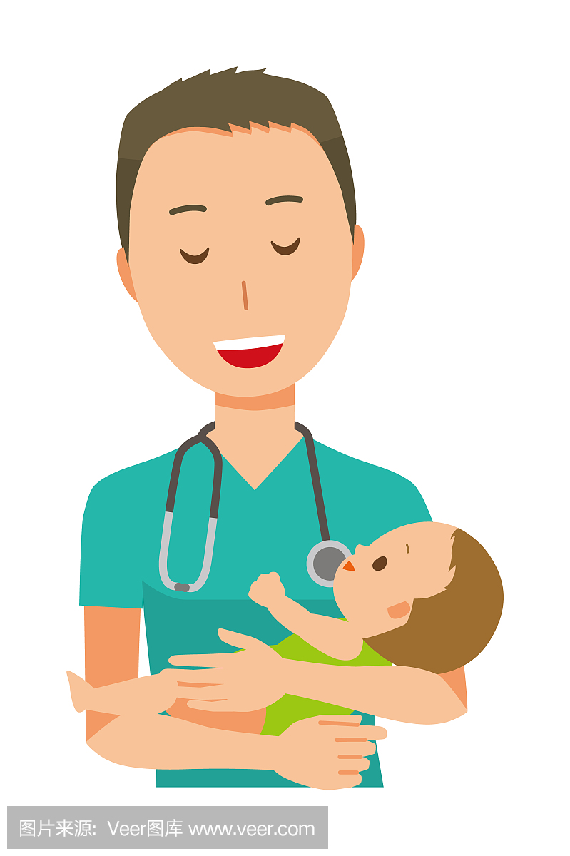 一位穿绿色磨砂膏的男医生抱着一个婴儿