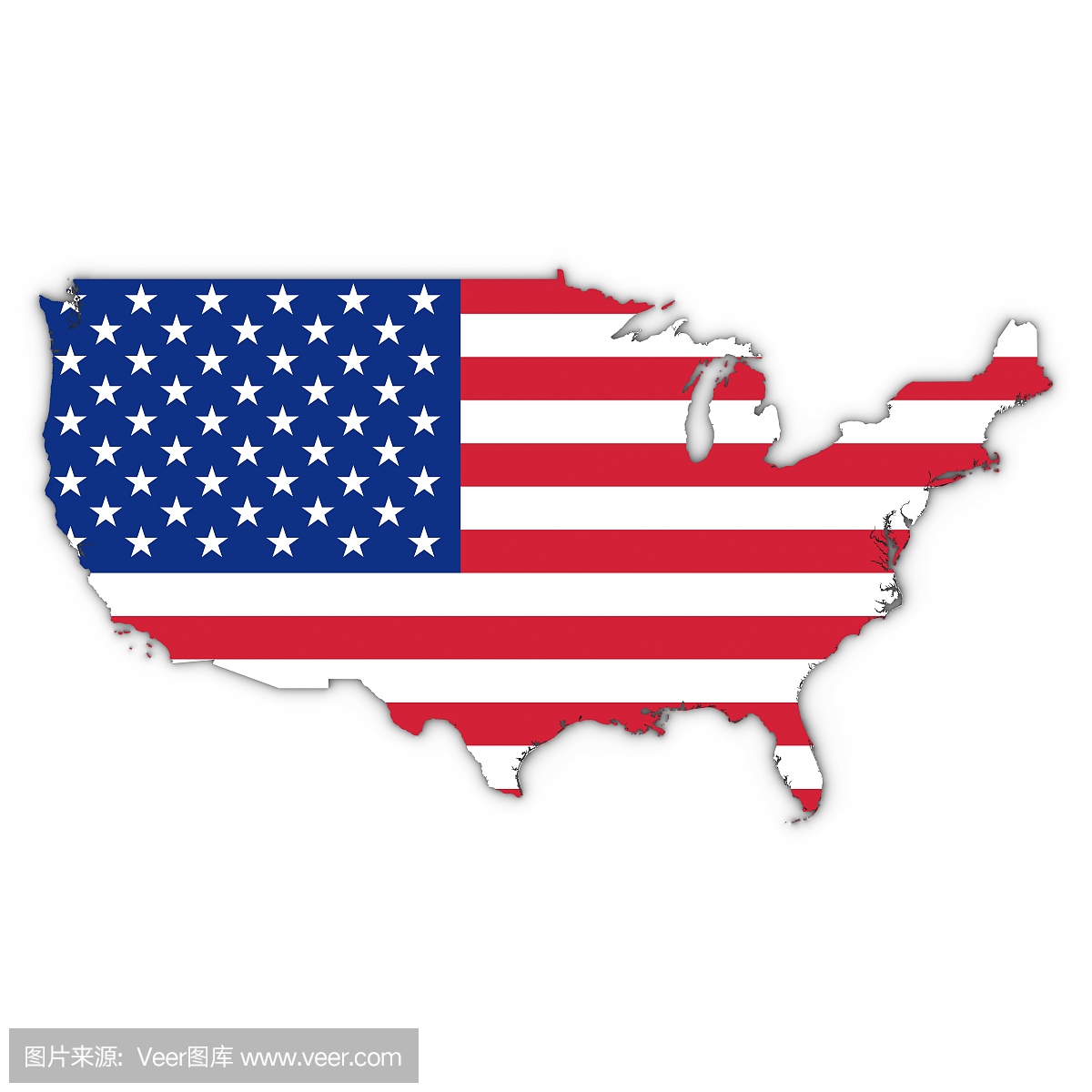 美国地图大纲与美国国旗在白色与阴影3D插图
