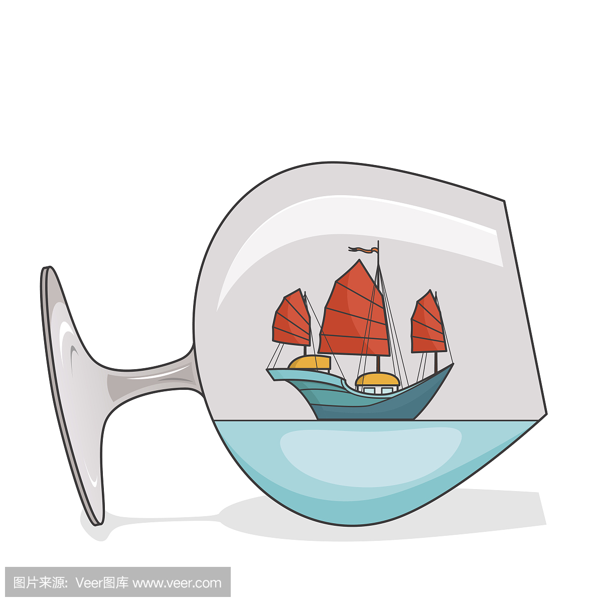 彩色船与红色帆在玻璃。纪念品与帆船旅行,旅
