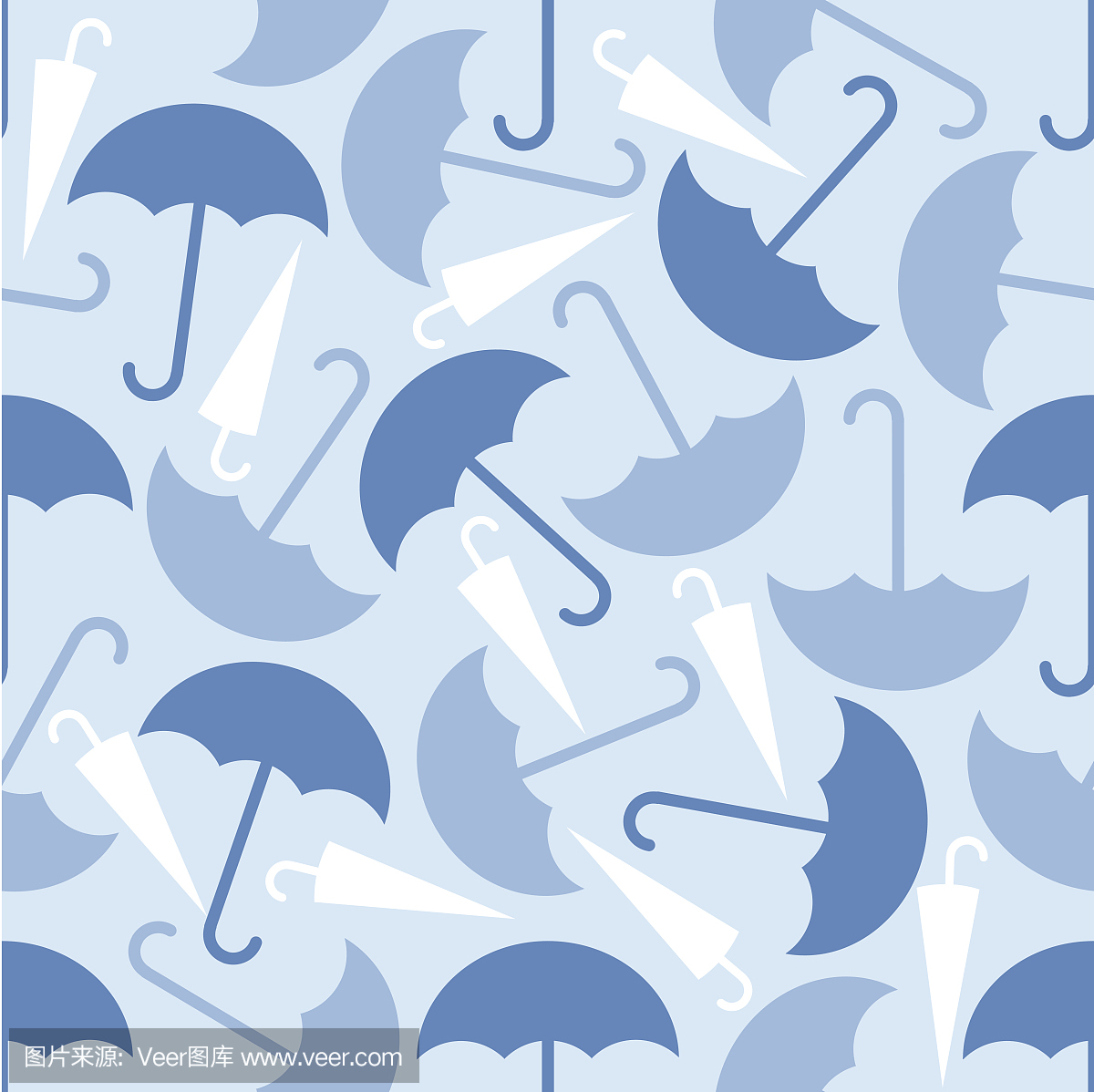 在蓝色背景上的无缝单色伞图案