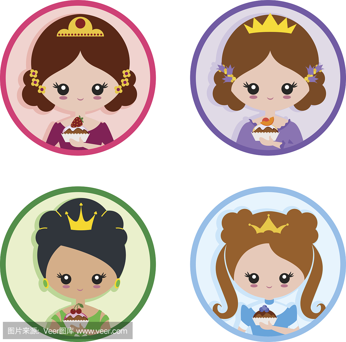 一套图标 - 蛋糕公主的肖像:草莓,桃子,蓝莓,樱桃
