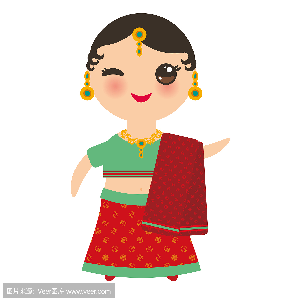民族服装的印第安Kawaii女孩。在传统的印度服