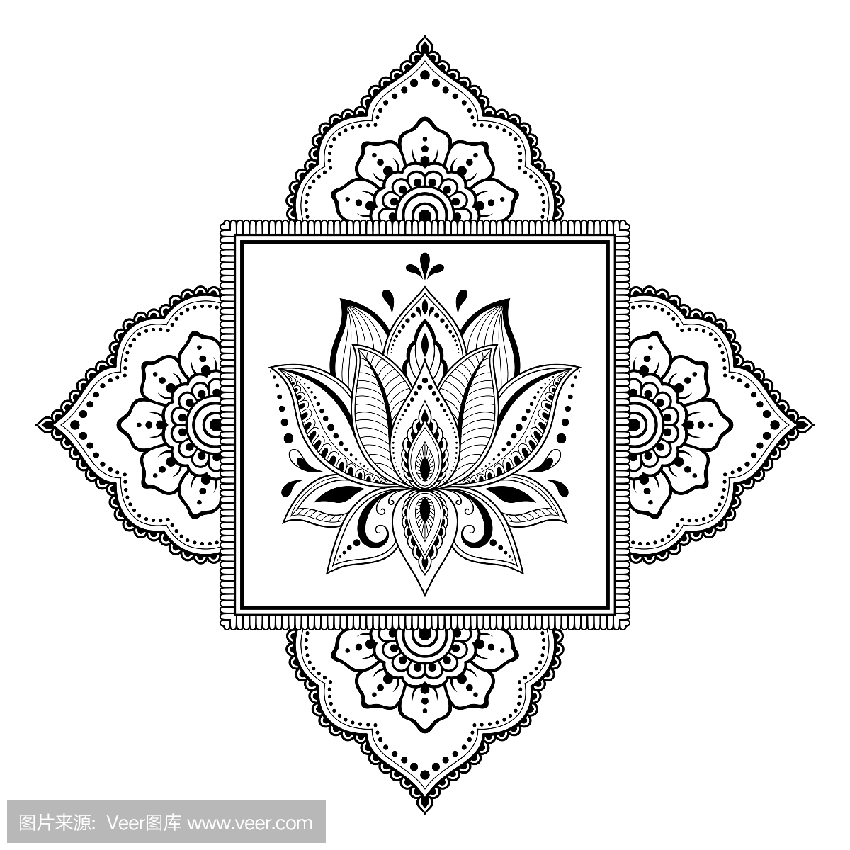 圆形图案为曼陀罗形式的指甲花,曼海蒂,纹身,装