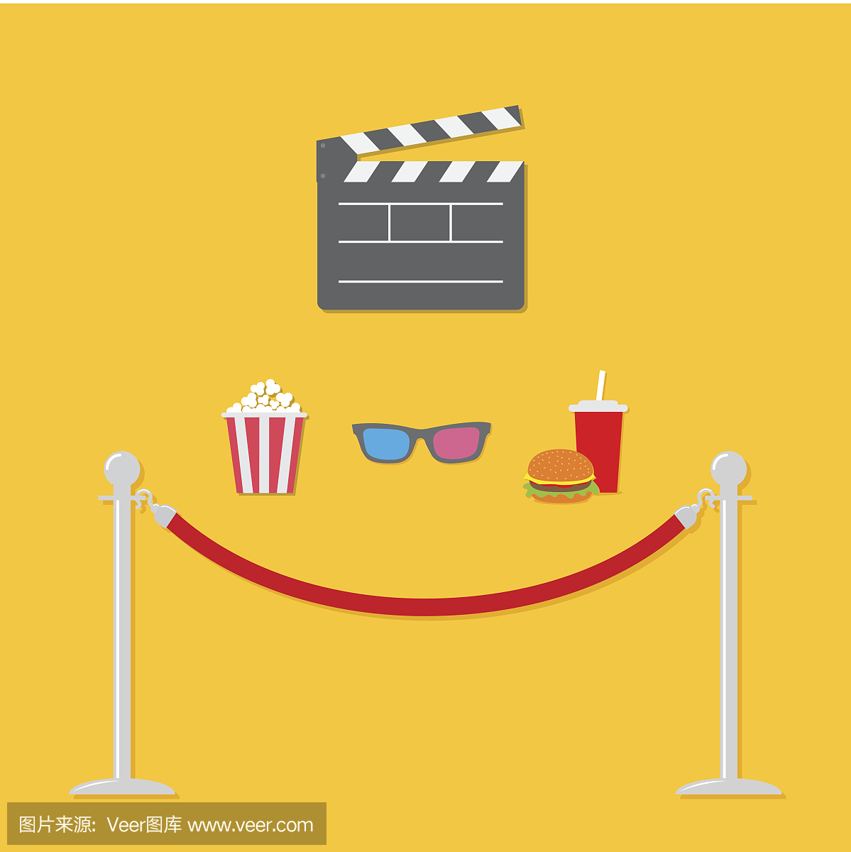 打开电影拍板3D眼镜爆米花苏打咖啡汉堡模板