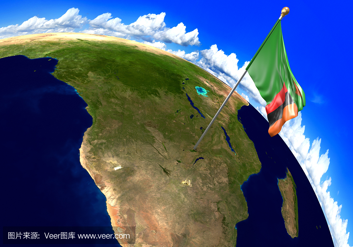 赞比亚国旗标志着世界地图上的国家位置。 3D