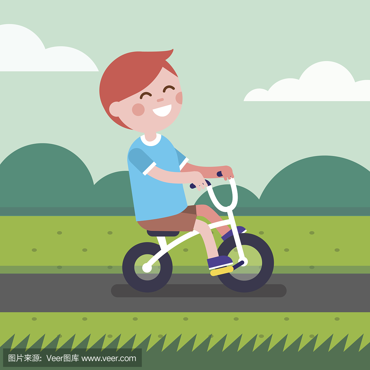 小男孩孩子骑自行车在公园自行车道上