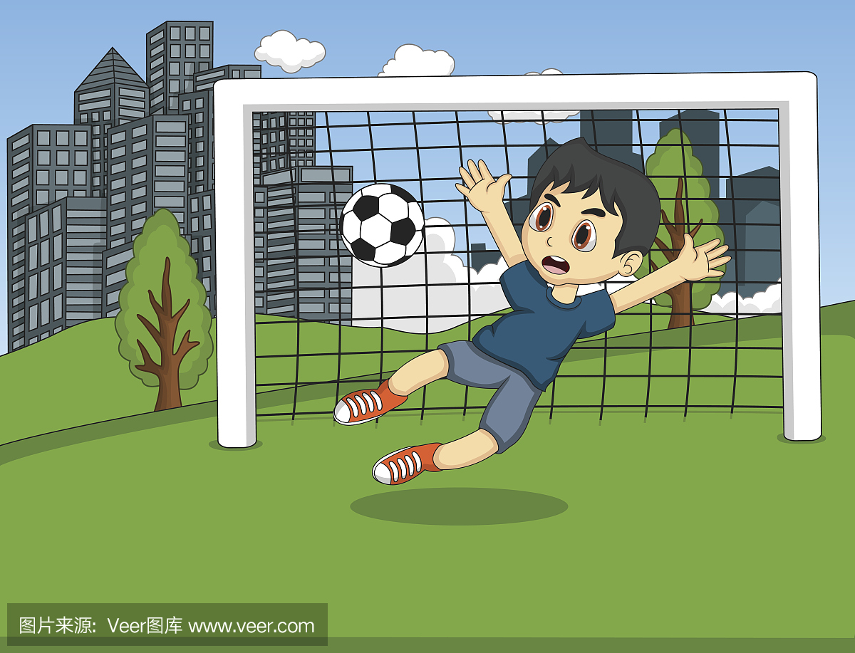 孩子们在公园里玩足球卡通