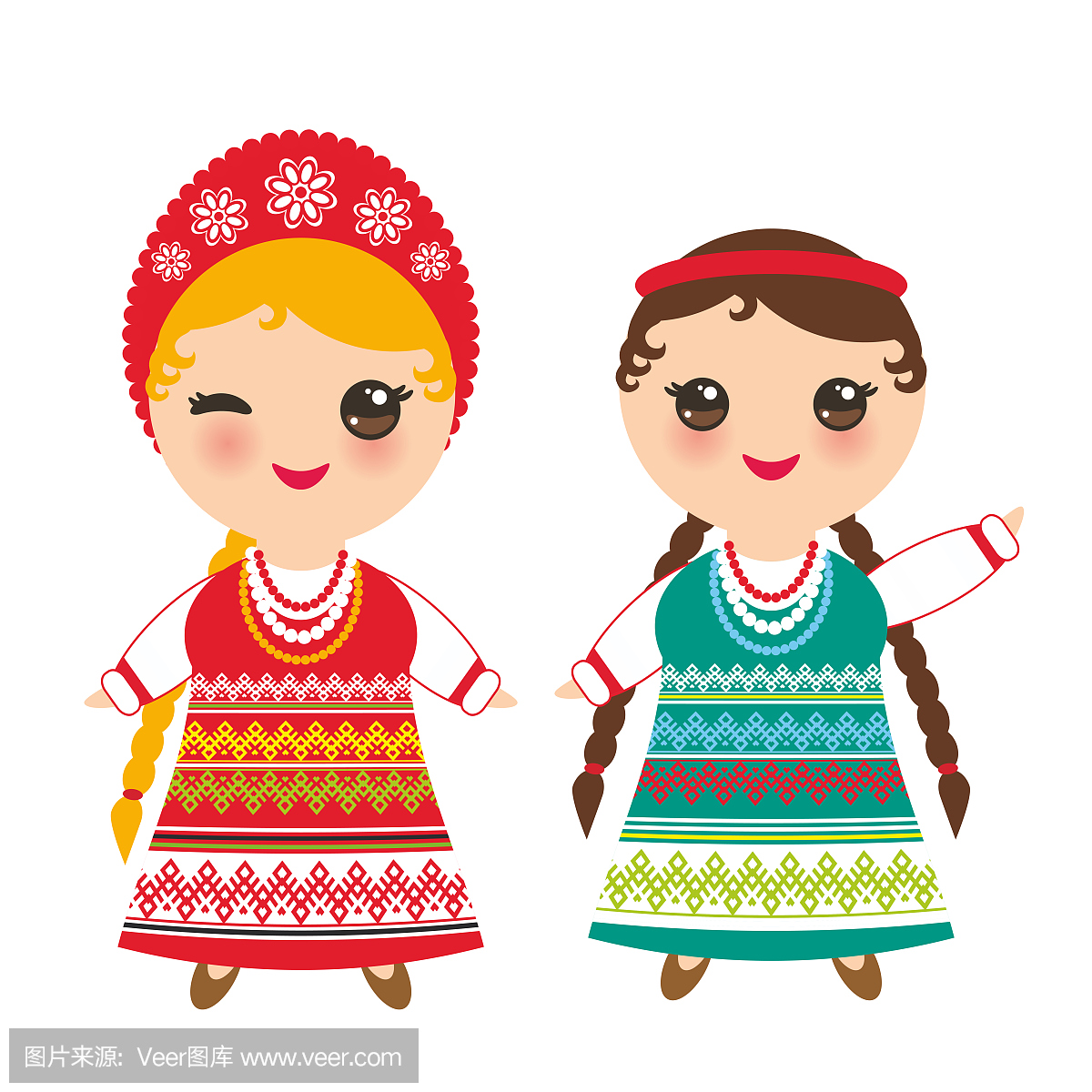 斯拉夫女孩在绿色红色裙和白色衬衫与刺绣,头