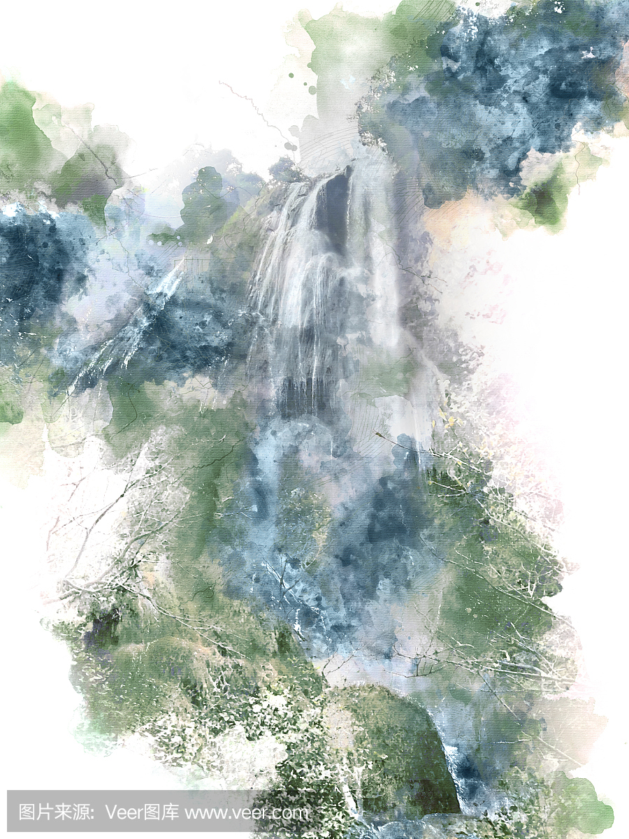 在水彩绘画背景的抽象美丽的瀑布。