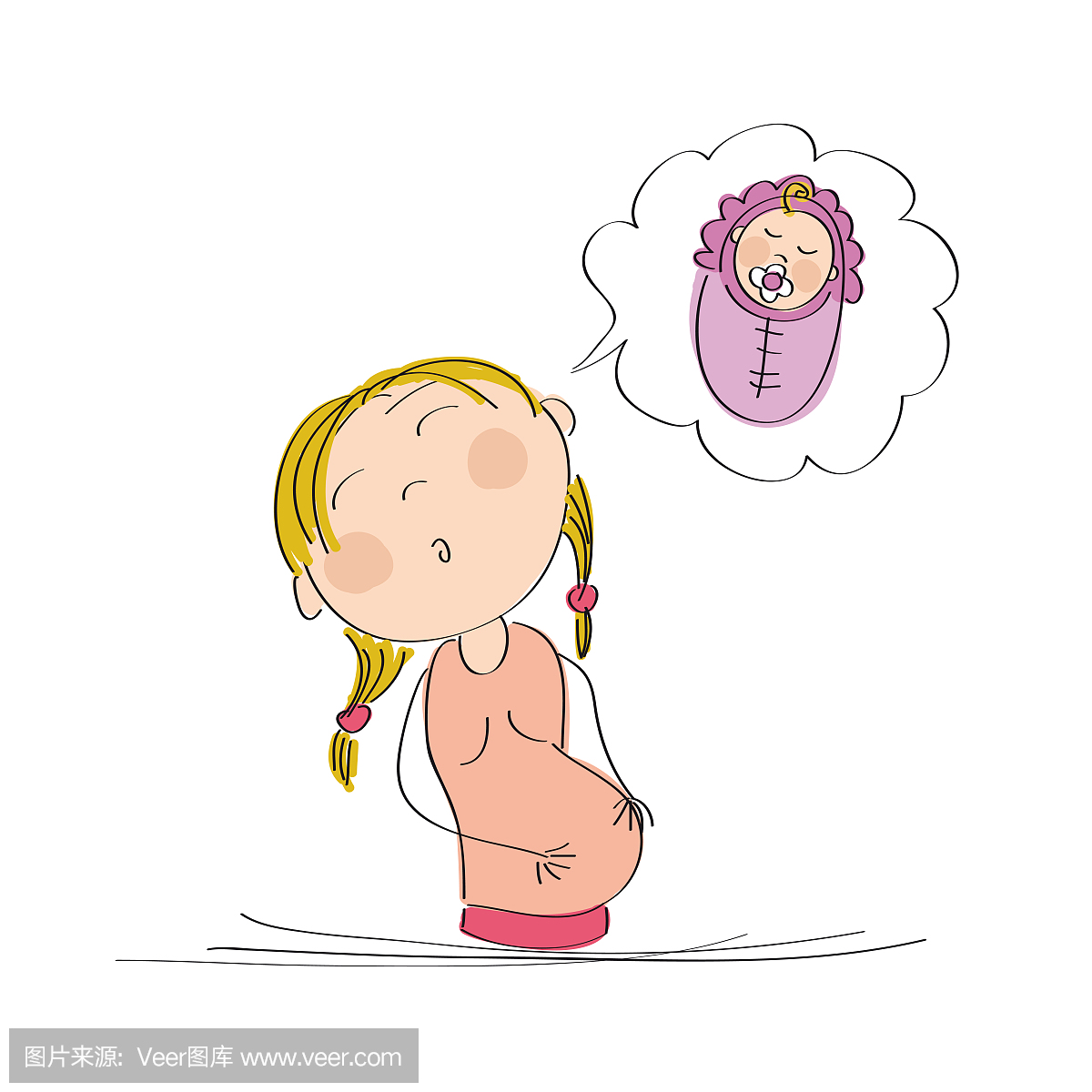 怀孕的女人梦见她的宝贝女儿 - 原始手工绘制的
