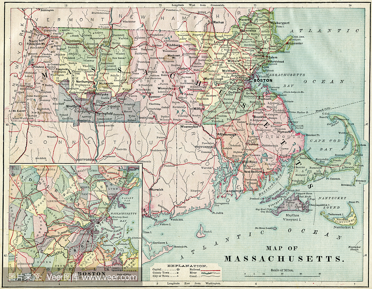马萨诸塞州地图1884 XXXL
