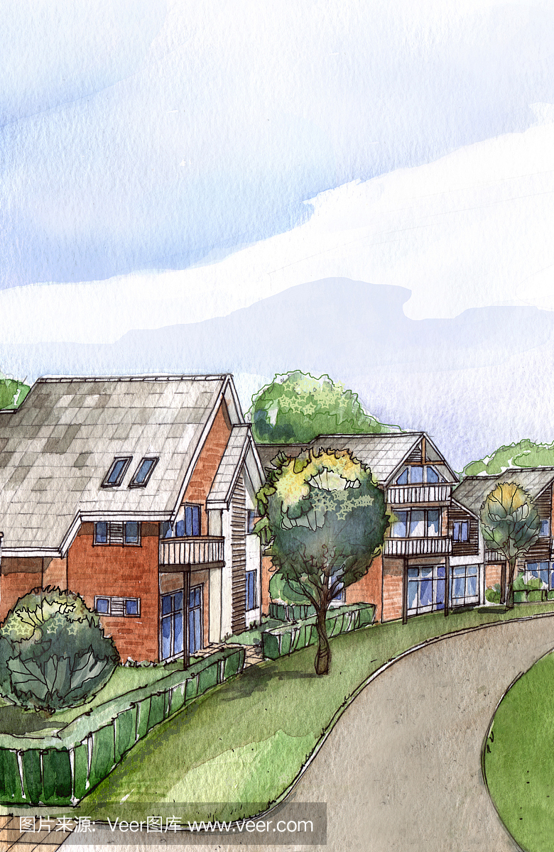 住宅区水彩画