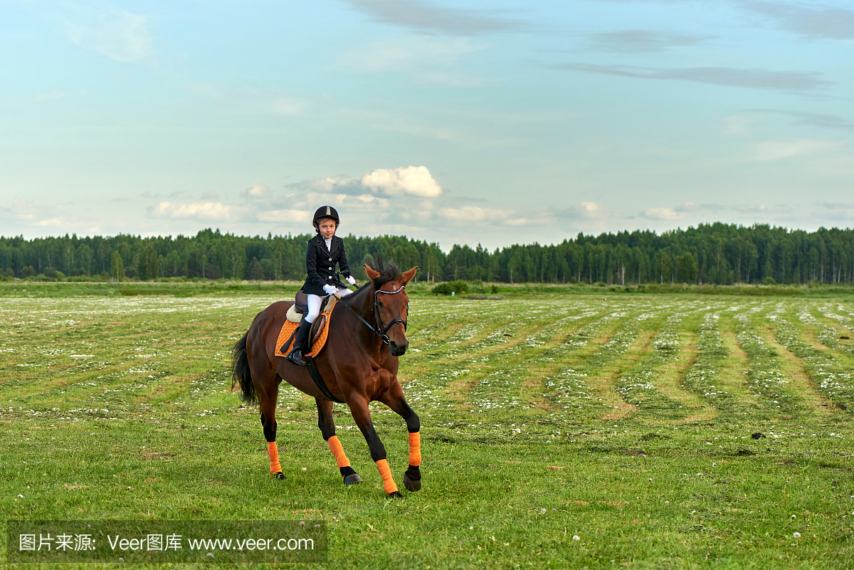 漂亮的小女孩骑马装备跨国家的胸肌骑马女生练专业图片