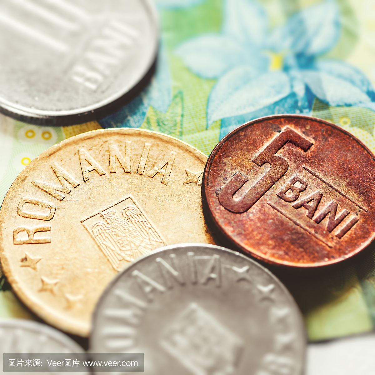 罗马尼亚列伊货币特写镜头与一个列伊钞票和多