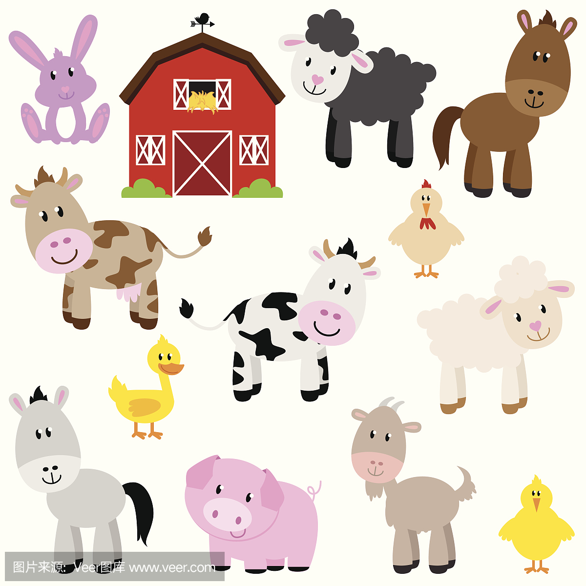 可爱的卡通农场动物和谷仓的矢量集合