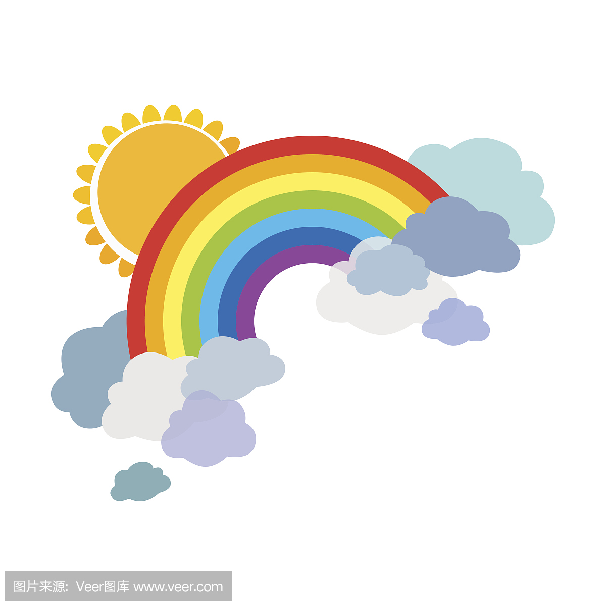 彩色的彩虹与云彩和太阳。卡通插图孤立