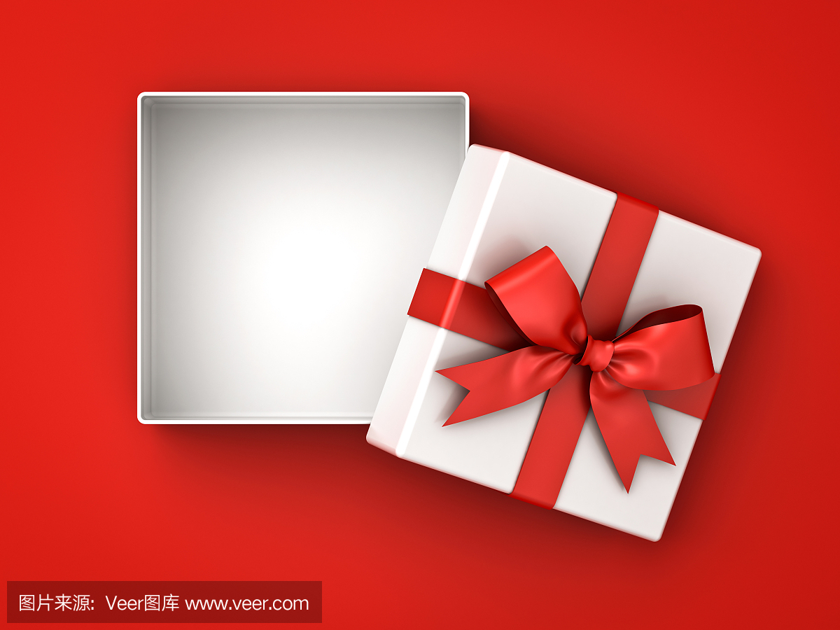 打开礼品盒,礼品盒红丝带蝴蝶结和孤立与阴影