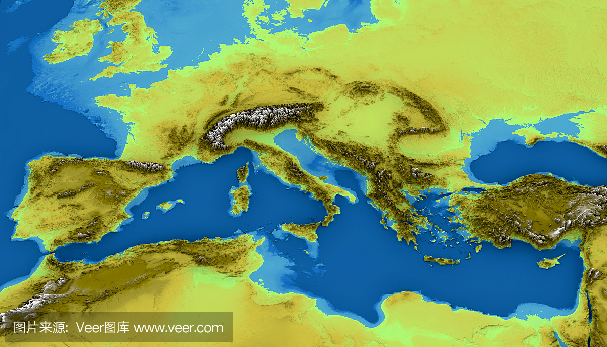 地中海和欧洲的地图,高度,海底,非洲和中东地图