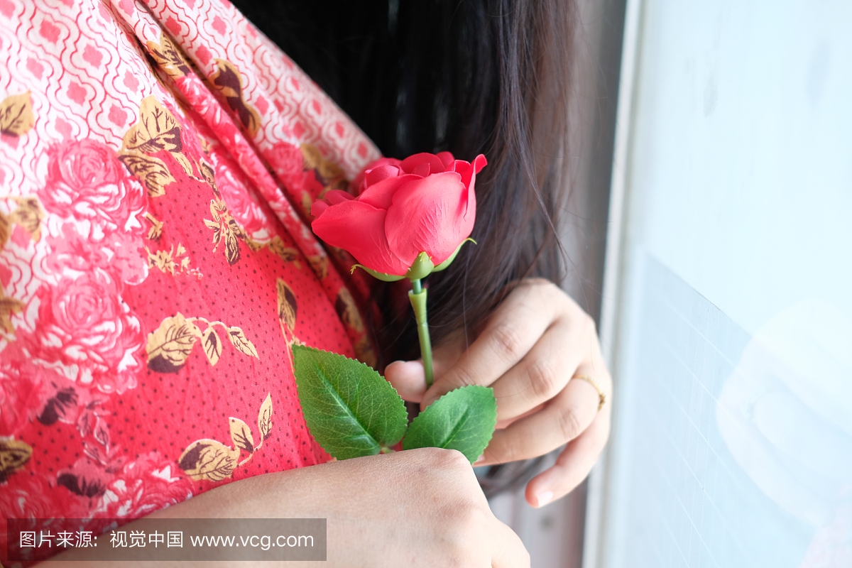 一个年轻的成年女孩抱着红玫瑰,情人节的概念