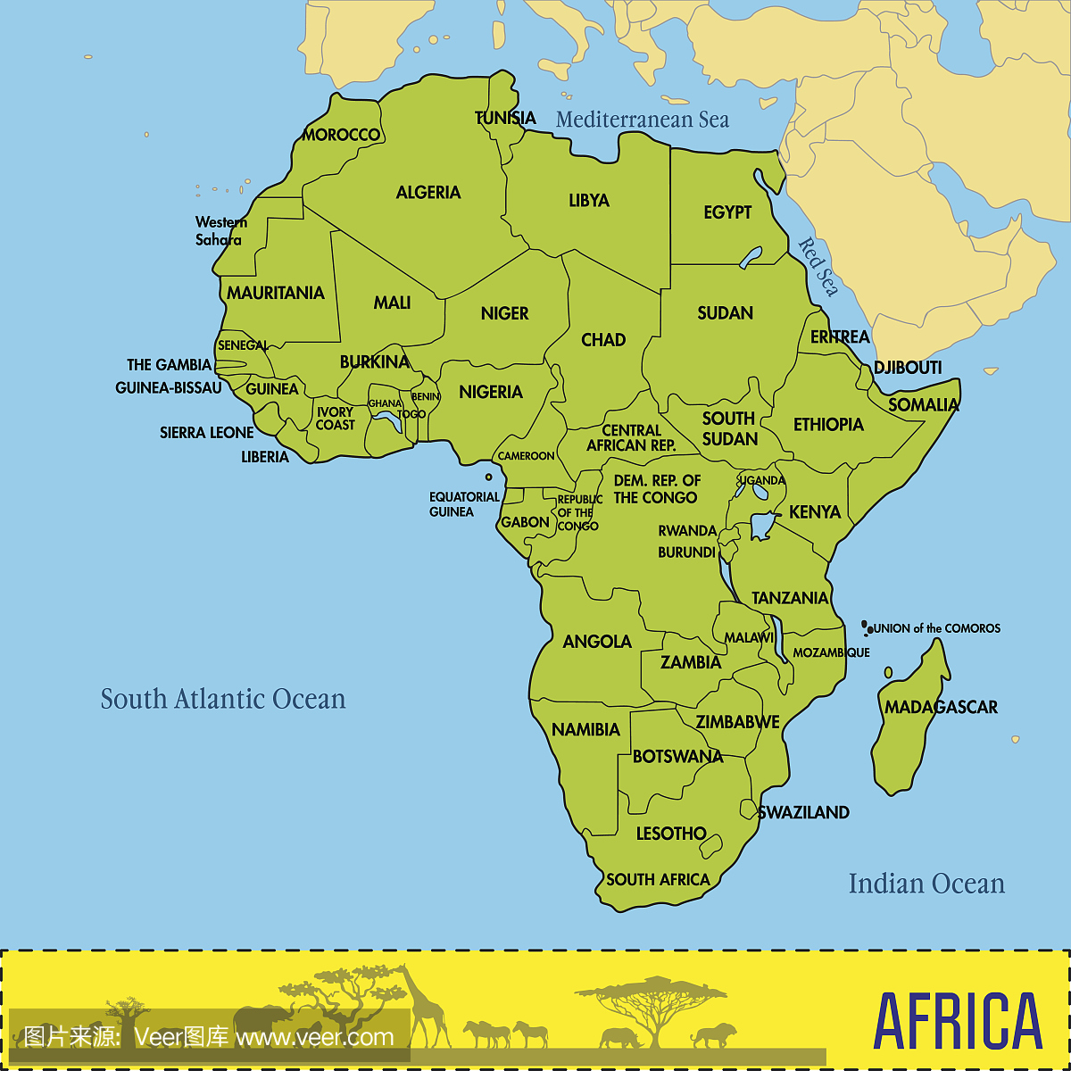 非洲地图与所有国家及其首都