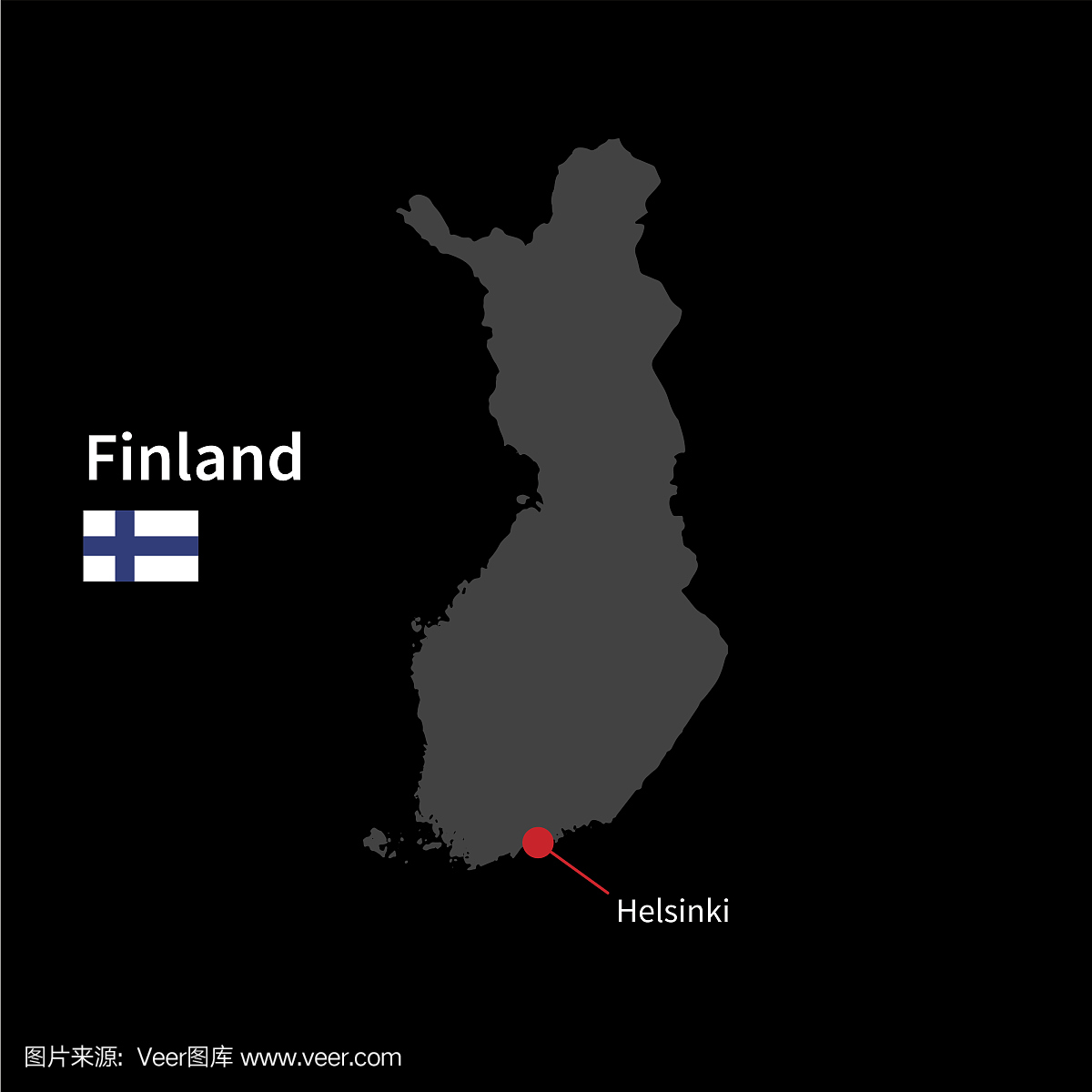 芬兰和首都赫尔辛基与国旗的详细地图