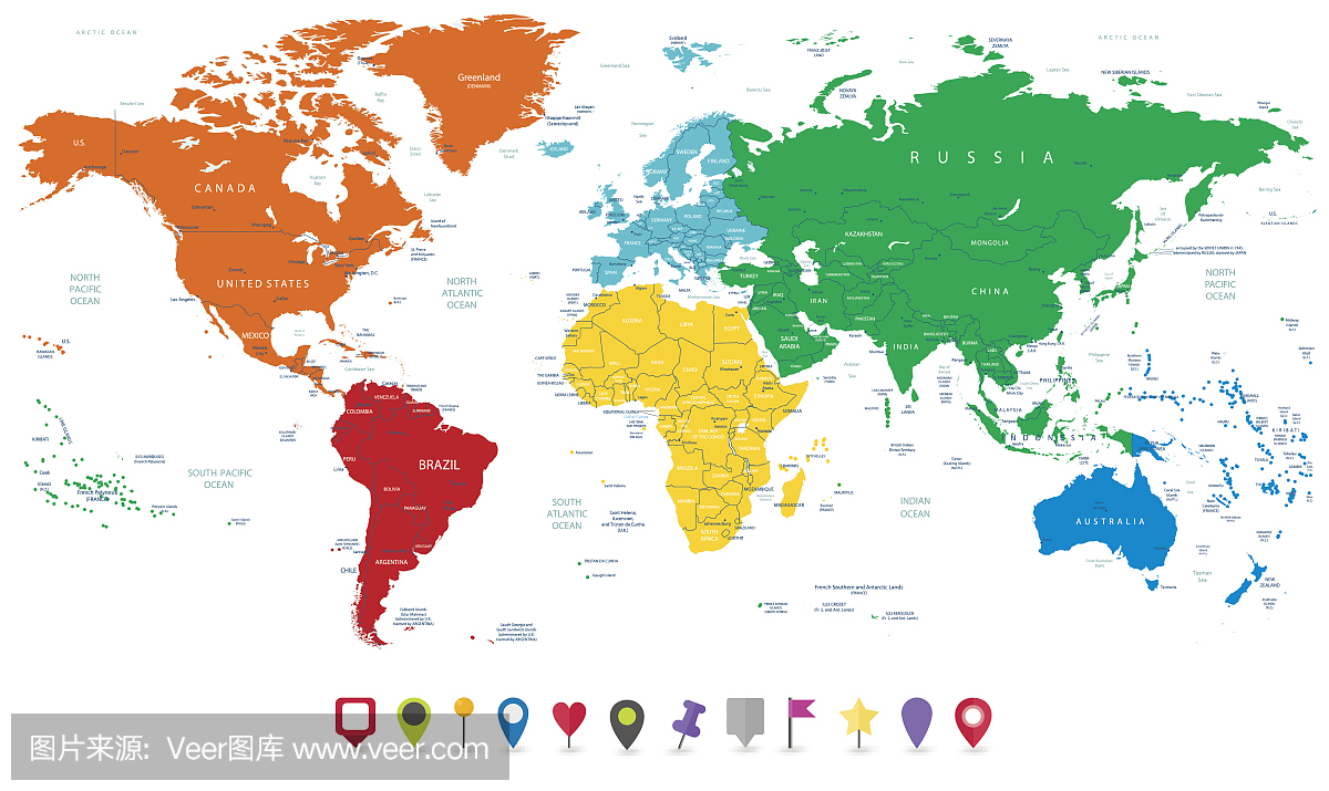 详细矢量世界地图与五颜六色的大陆和平面地图