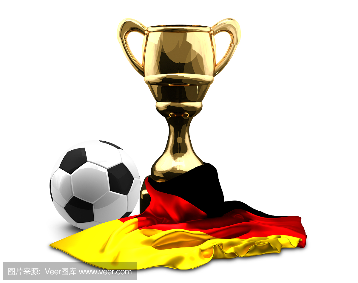 奖杯和德国国旗。足球3D渲染