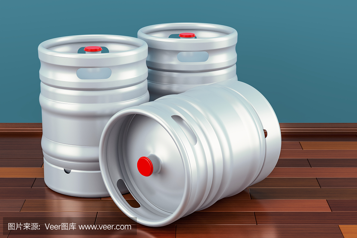 啤酒金属桶在木地板,3d渲染的房间里