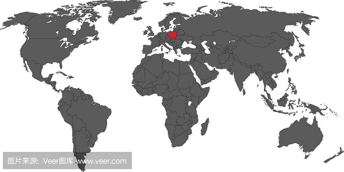 波兰红色在灰色的世界地图矢量图