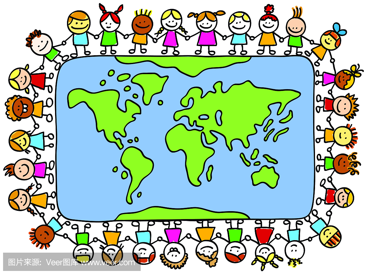 快乐的孩子们握着世界地图卡通的手