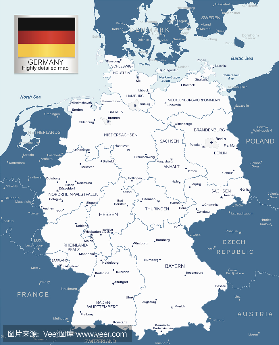 德国与行政区划和城市的详细地图