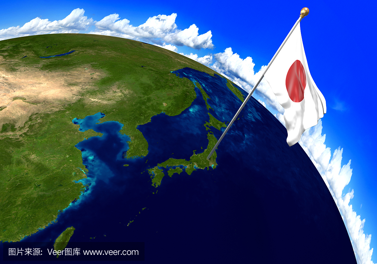 日本国旗标志着世界地图上的国家位置