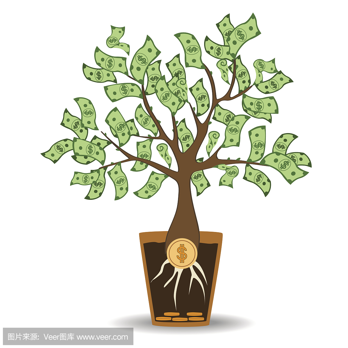 金钱树从硬币根生长。绿色现金钞票树在陶瓷锅