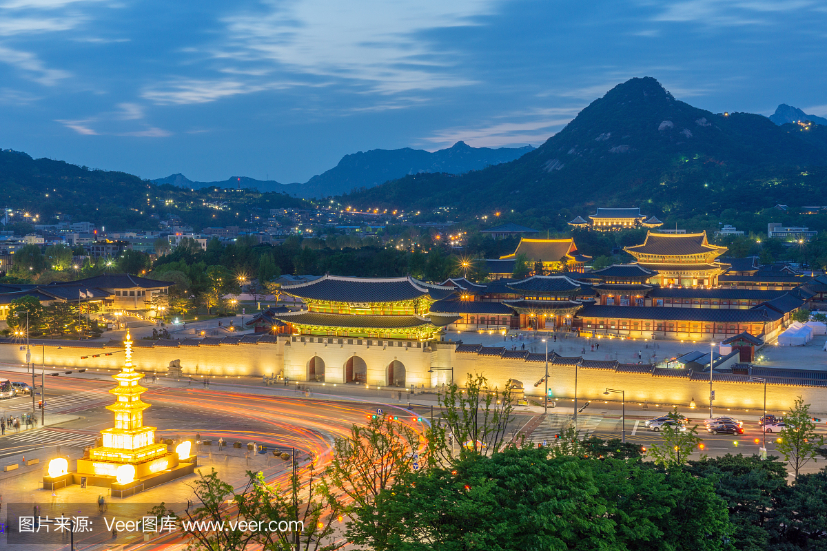 光照明在韩国首尔的Geyongbokgung宫殿,韩国