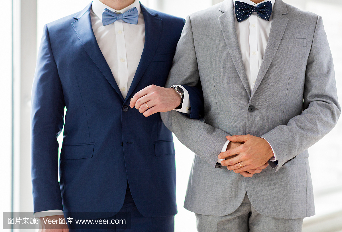 关闭愉快的男同性恋夫妇手牵着手