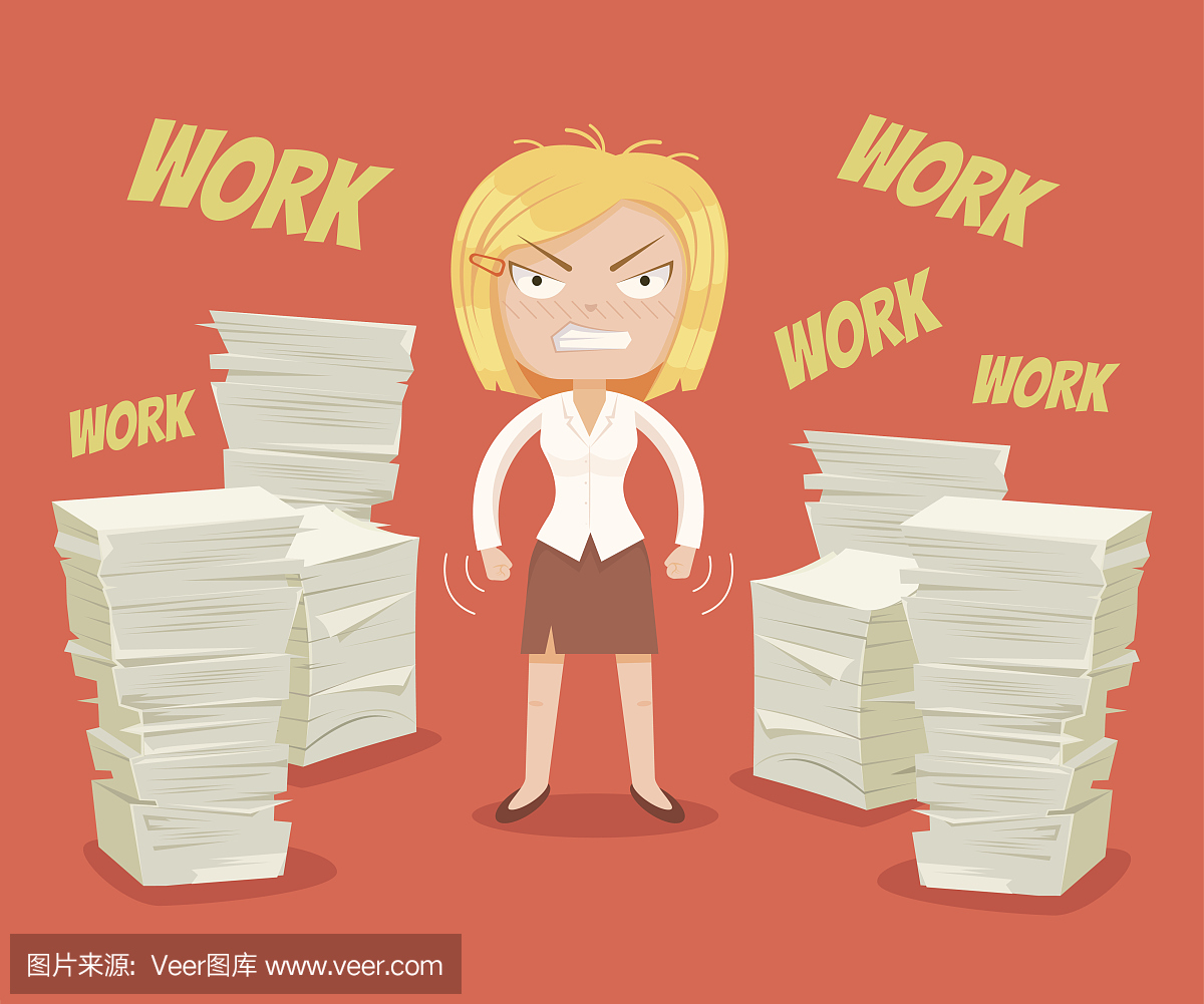 努力工作忙女人的性格。矢量平面卡通插图