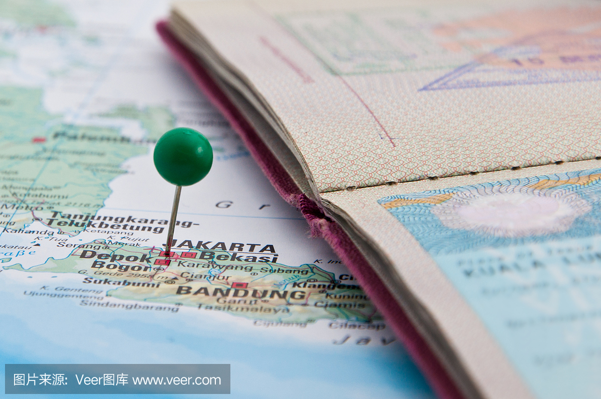 雅加达,Java,印度尼西亚,GreenPin和护照,地图