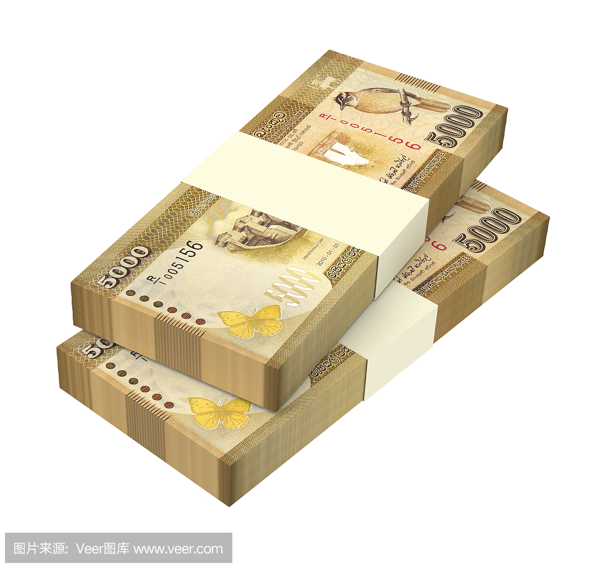 斯里兰卡卢比钞票孤立在白色背景上。